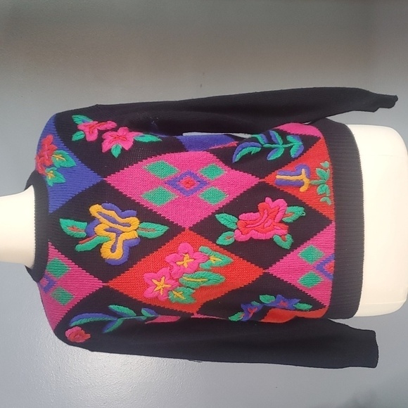 Alfred Dunner Sweaters - Vintage 80s Alfred Dunner Embroidered Harlequin Sweater sz 42 XL
